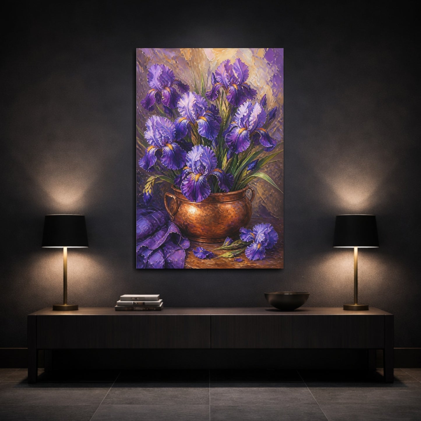 Mockup 3. Iris Flowers In Copper Pot shown as canvas print