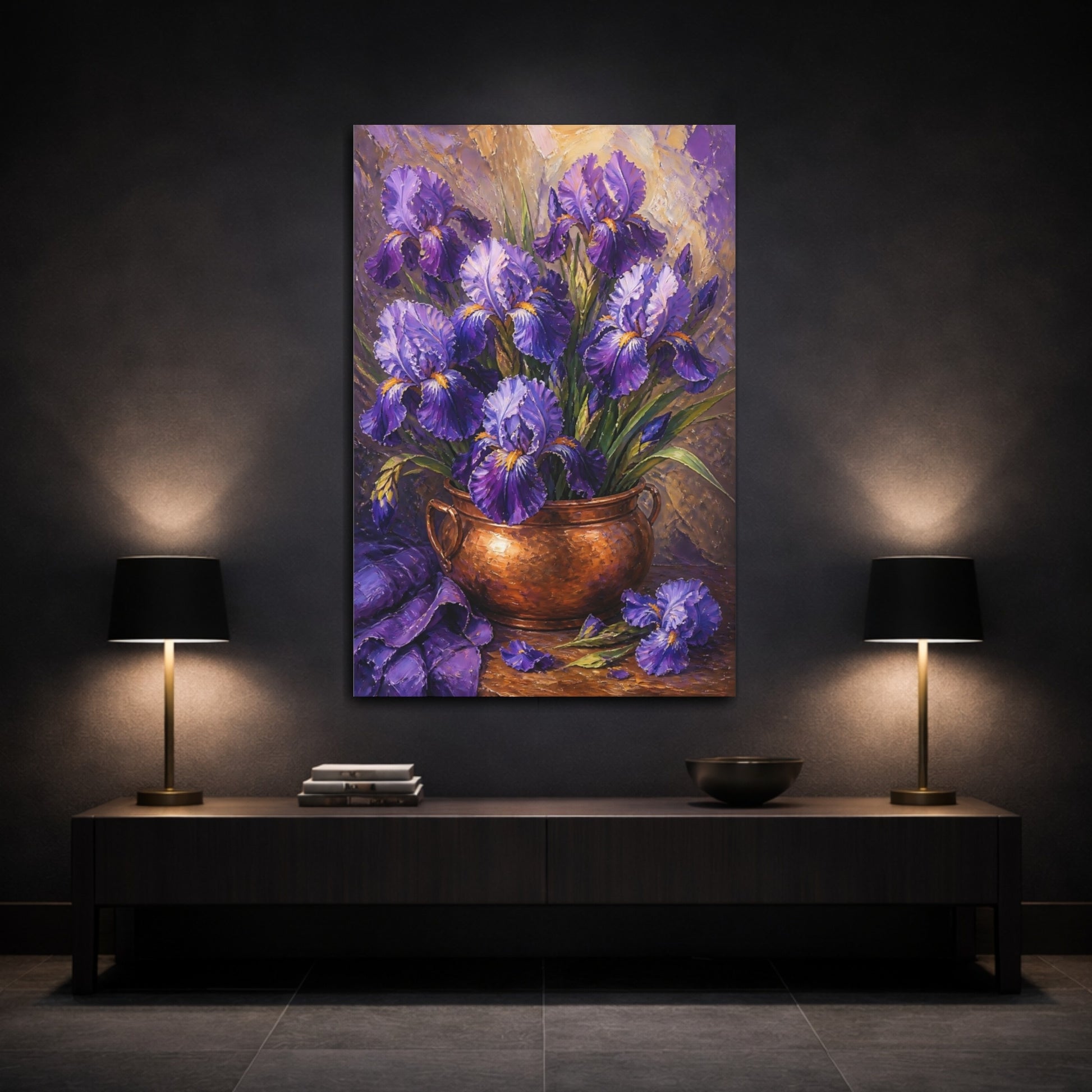 Mockup 3. Iris Flowers In Copper Pot shown as canvas print