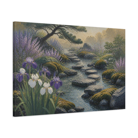 Main Mockup. Irises And Stepping Stones shown as canvas print