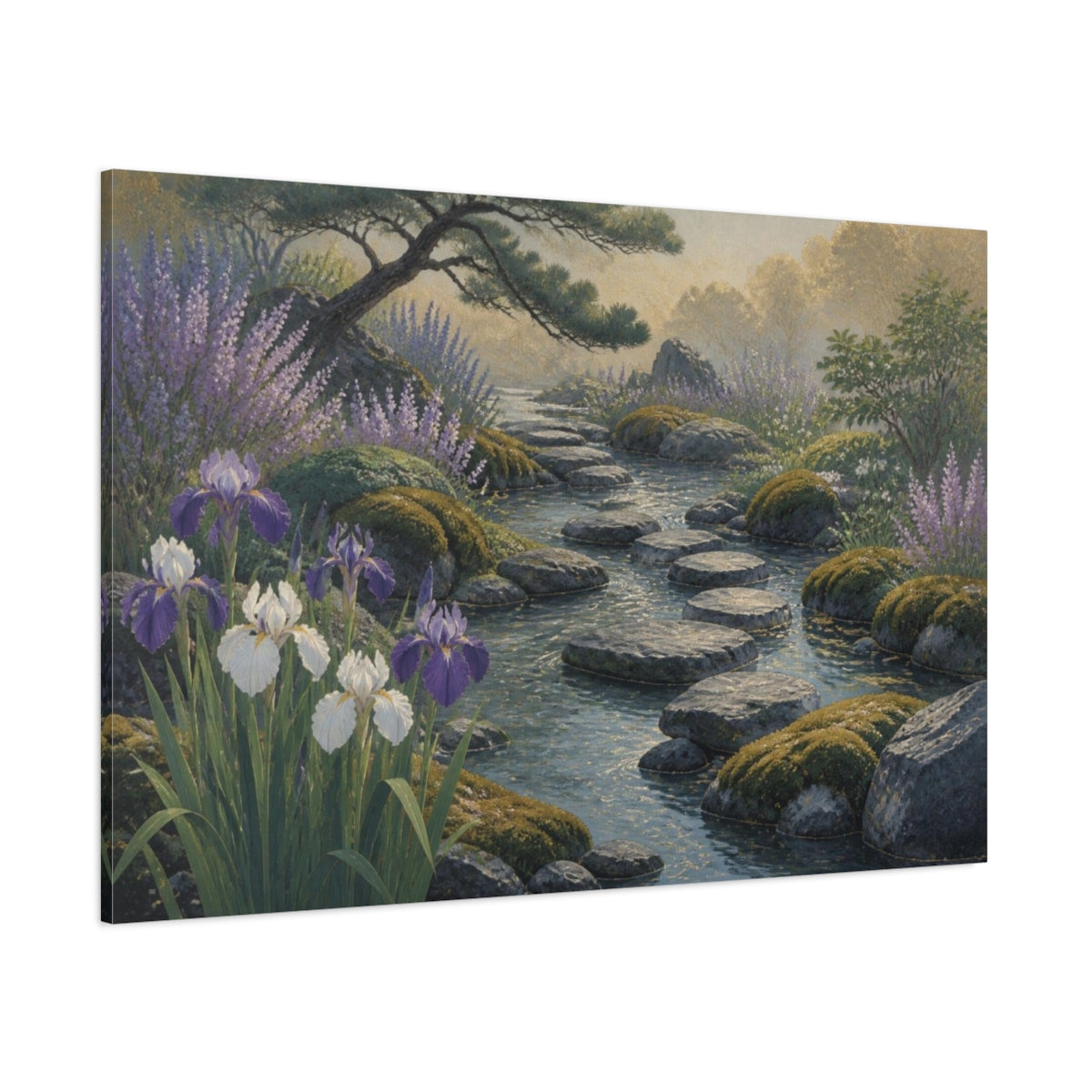 Side Mockup 1. Irises And Stepping Stones shown as canvas print
