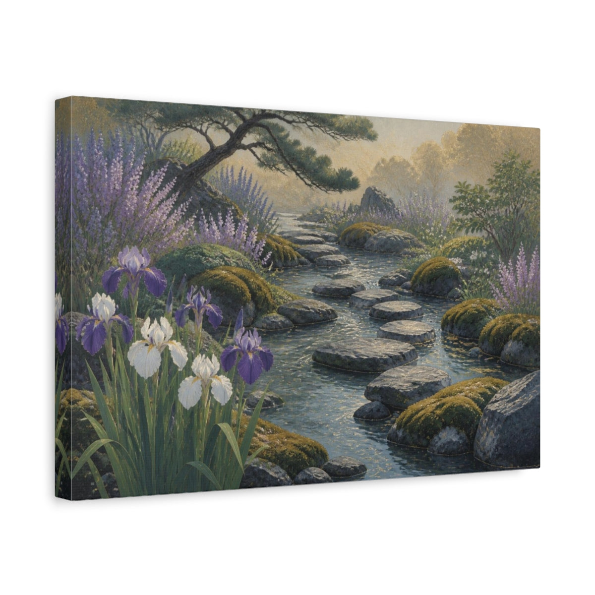 Side Mockup 4. Irises And Stepping Stones shown as canvas print