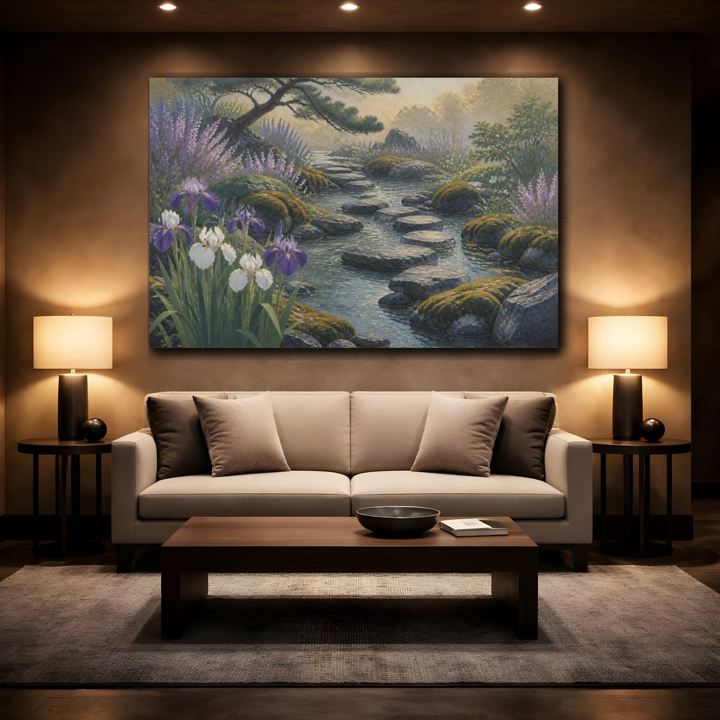 Mockup 2. Irises And Stepping Stones shown as canvas print