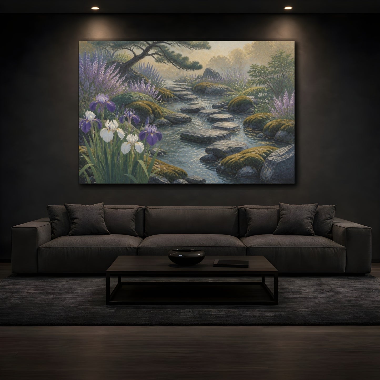 Mockup 3. Irises And Stepping Stones shown as canvas print