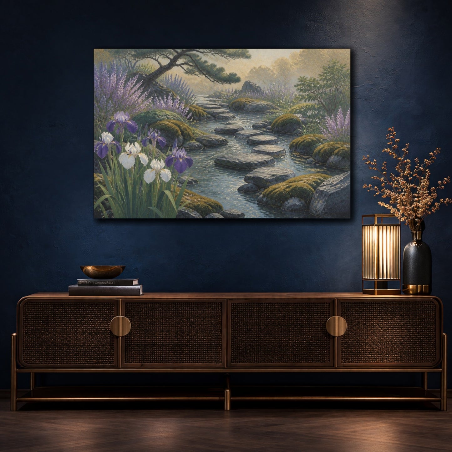 Mockup 4. Irises And Stepping Stones shown as canvas print