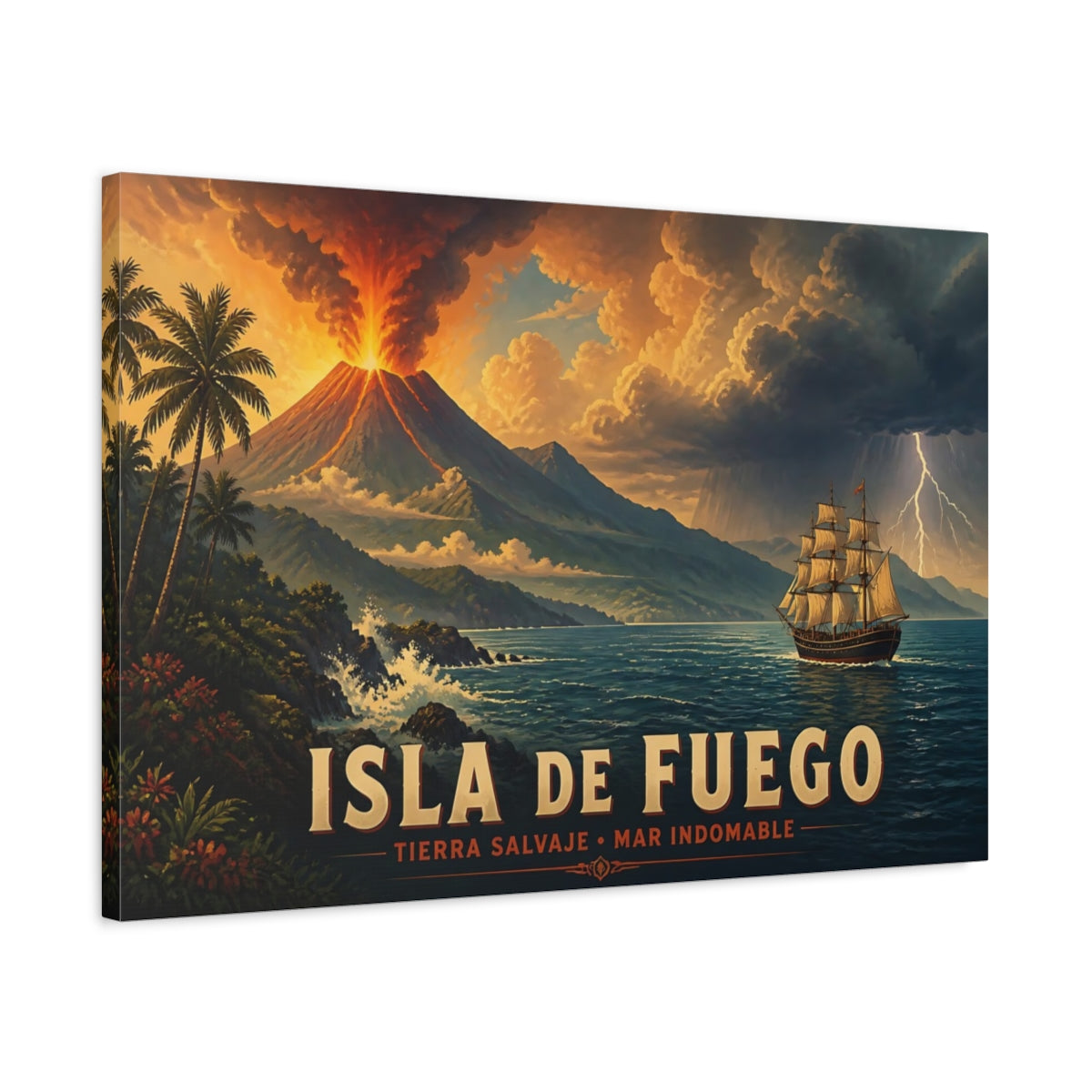 Side Mockup 2. Isla De Fuego Voyage shown as canvas print