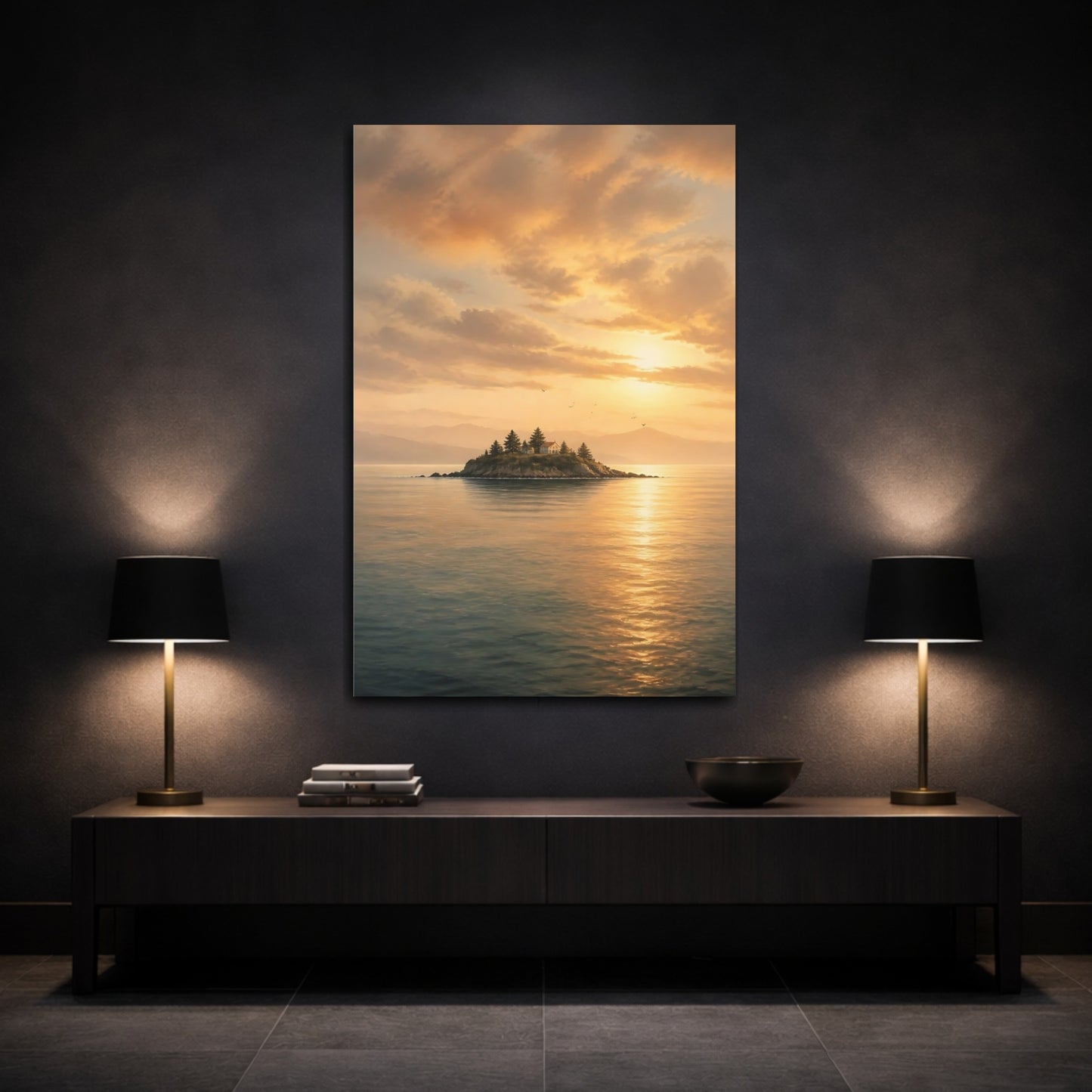 Mockup 3. Island Landscape At Sunset shown as canvas print