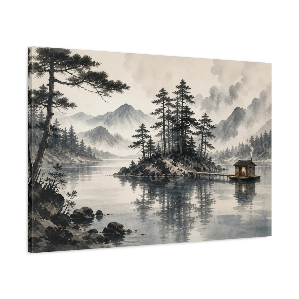 Main Mockup. Island Sauna On Misty Lake shown as canvas print