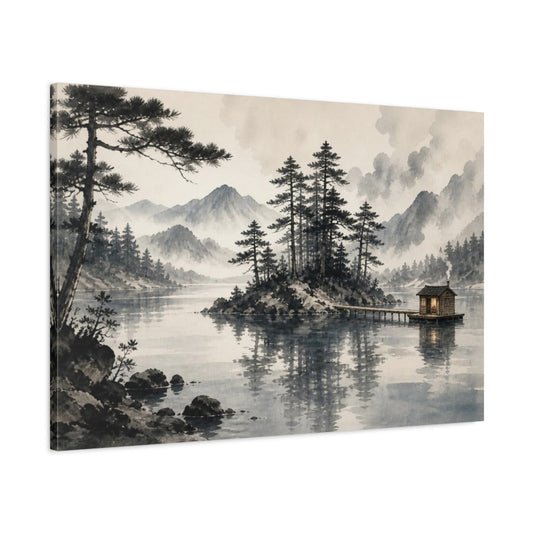 Main Mockup. Island Sauna On Misty Lake shown as canvas print