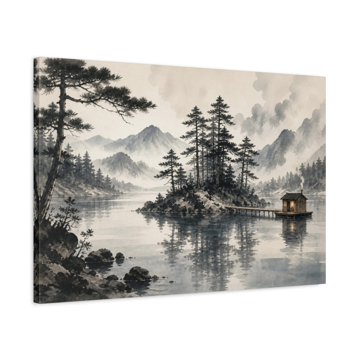 Side Mockup 2. Island Sauna On Misty Lake shown as canvas print