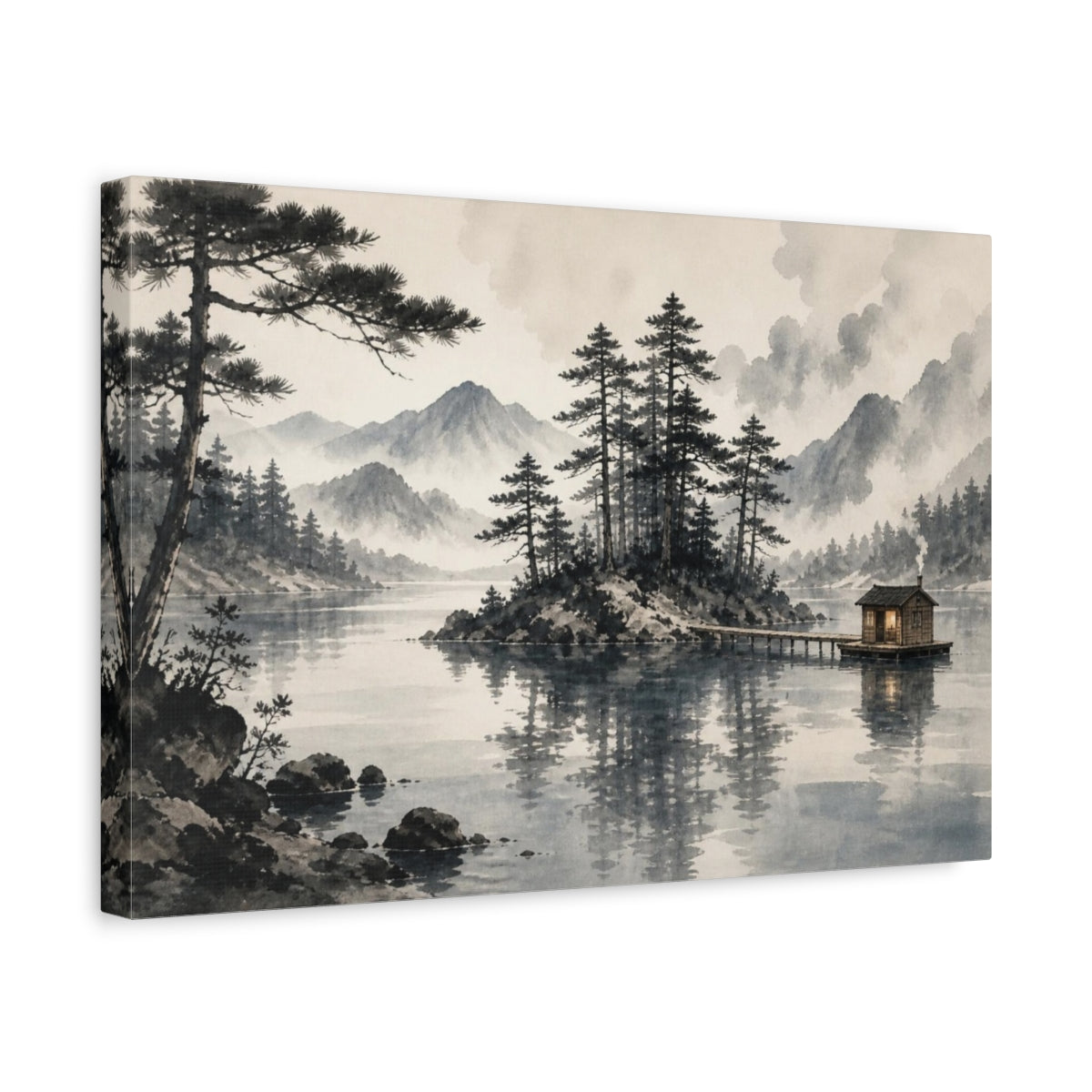 Side Mockup 4. Island Sauna On Misty Lake shown as canvas print