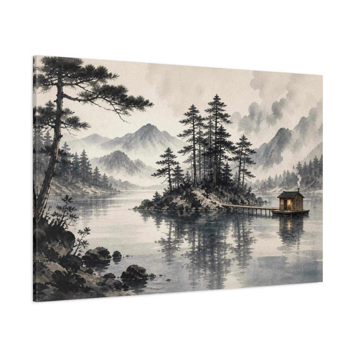 Side Mockup 1. Island Sauna On Misty Lake shown as canvas print