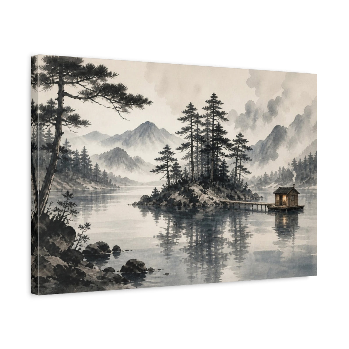 Side Mockup 3. Island Sauna On Misty Lake shown as canvas print