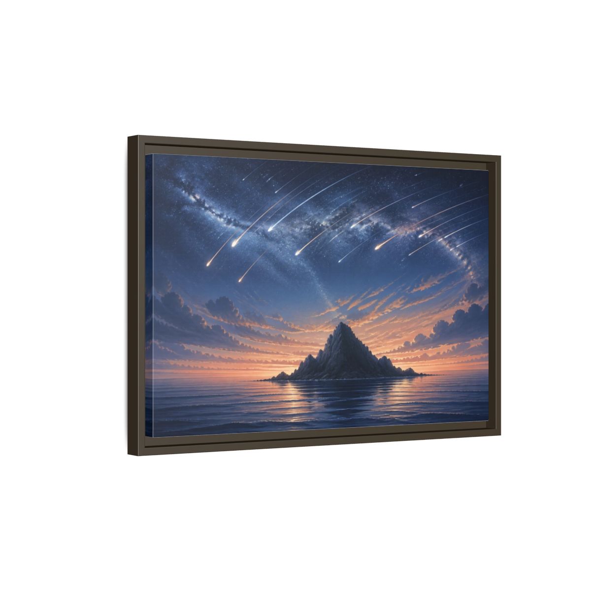 Side Mockup 2. Island Under Meteor Shower shown as framed canvas print