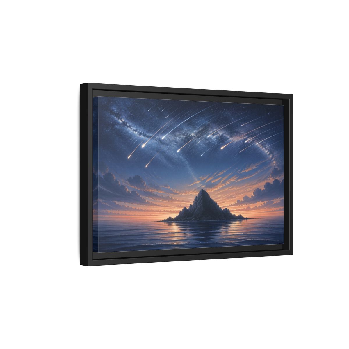 Side Mockup 6. Island Under Meteor Shower shown as framed canvas print