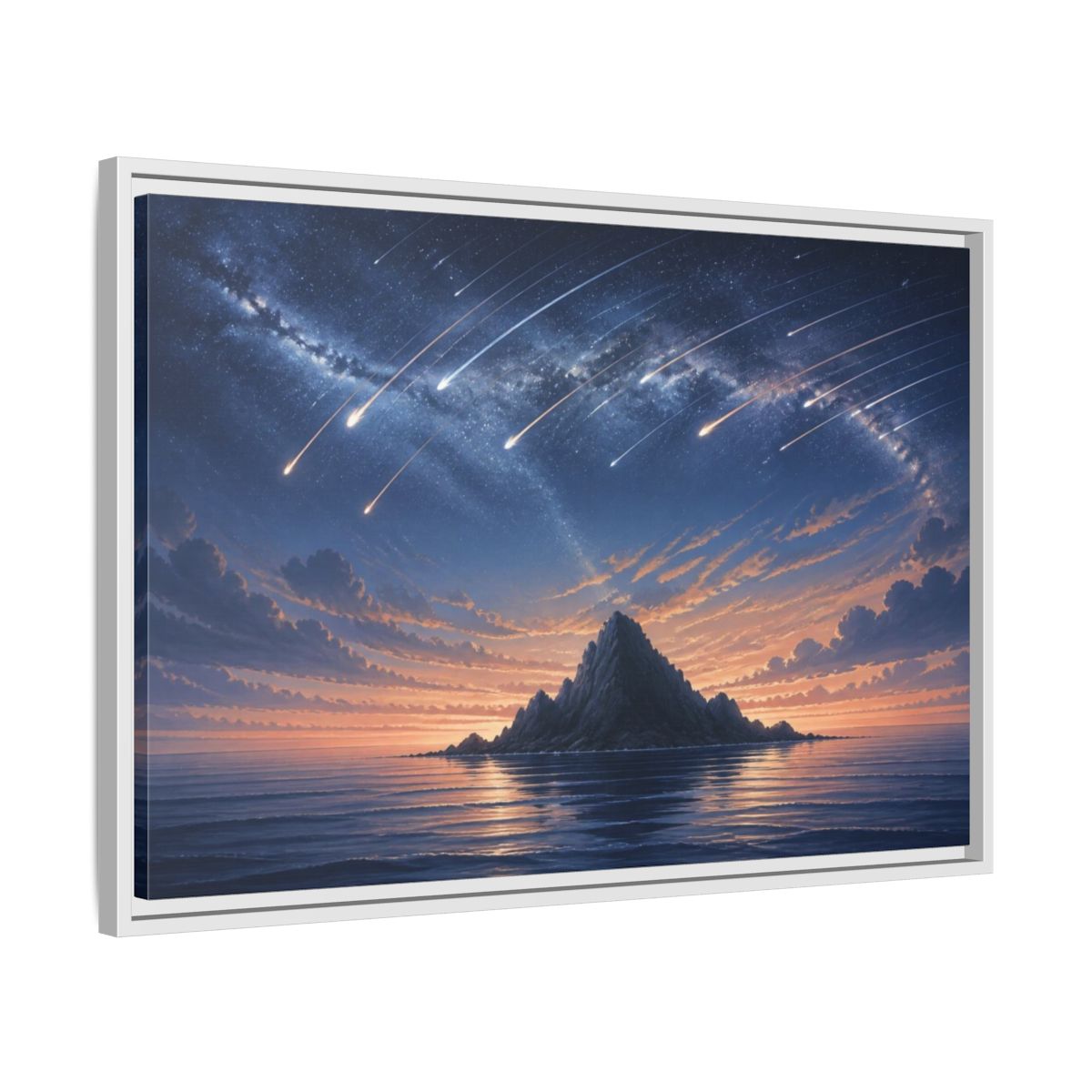 Side Mockup 10. Island Under Meteor Shower shown as framed canvas print