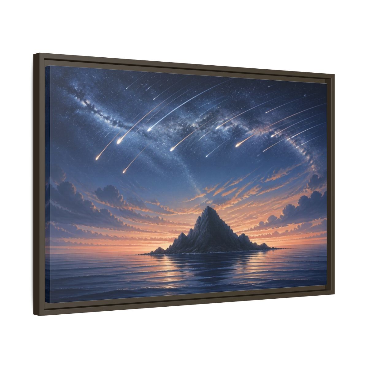 Side Mockup 11. Island Under Meteor Shower shown as framed canvas print