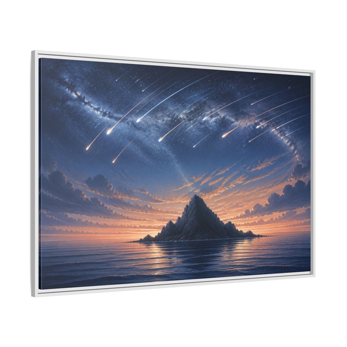 Side Mockup 7. Island Under Meteor Shower shown as framed canvas print