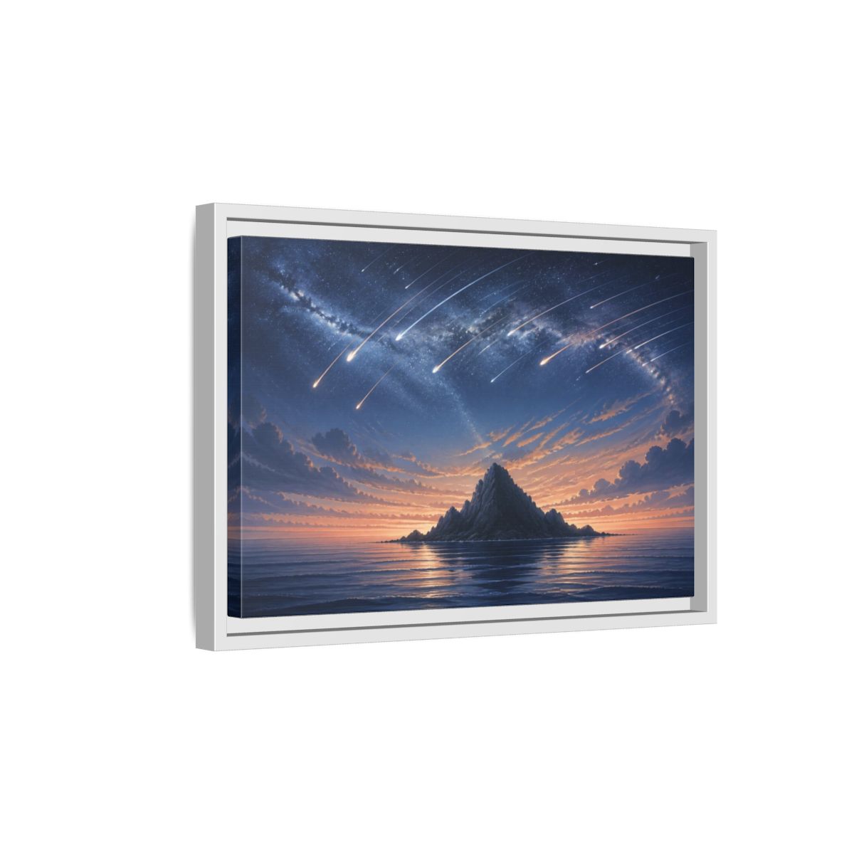 Side Mockup 4. Island Under Meteor Shower shown as framed canvas print