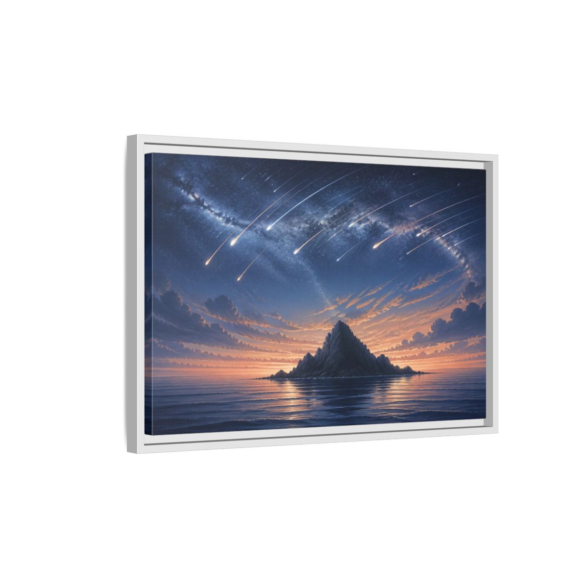 Side Mockup 1. Island Under Meteor Shower shown as framed canvas print