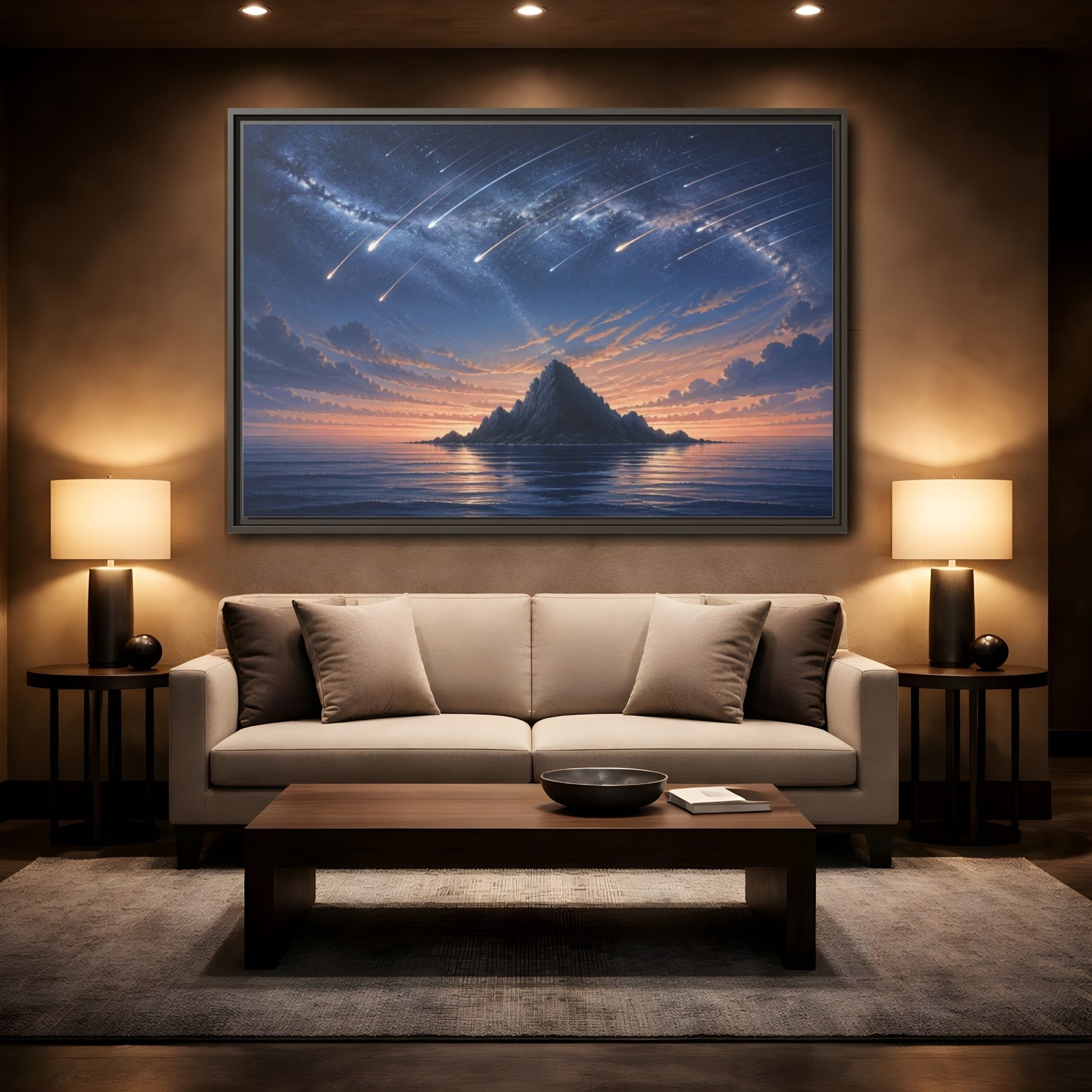 Mockup 2. Island Under Meteor Shower shown as framed canvas print