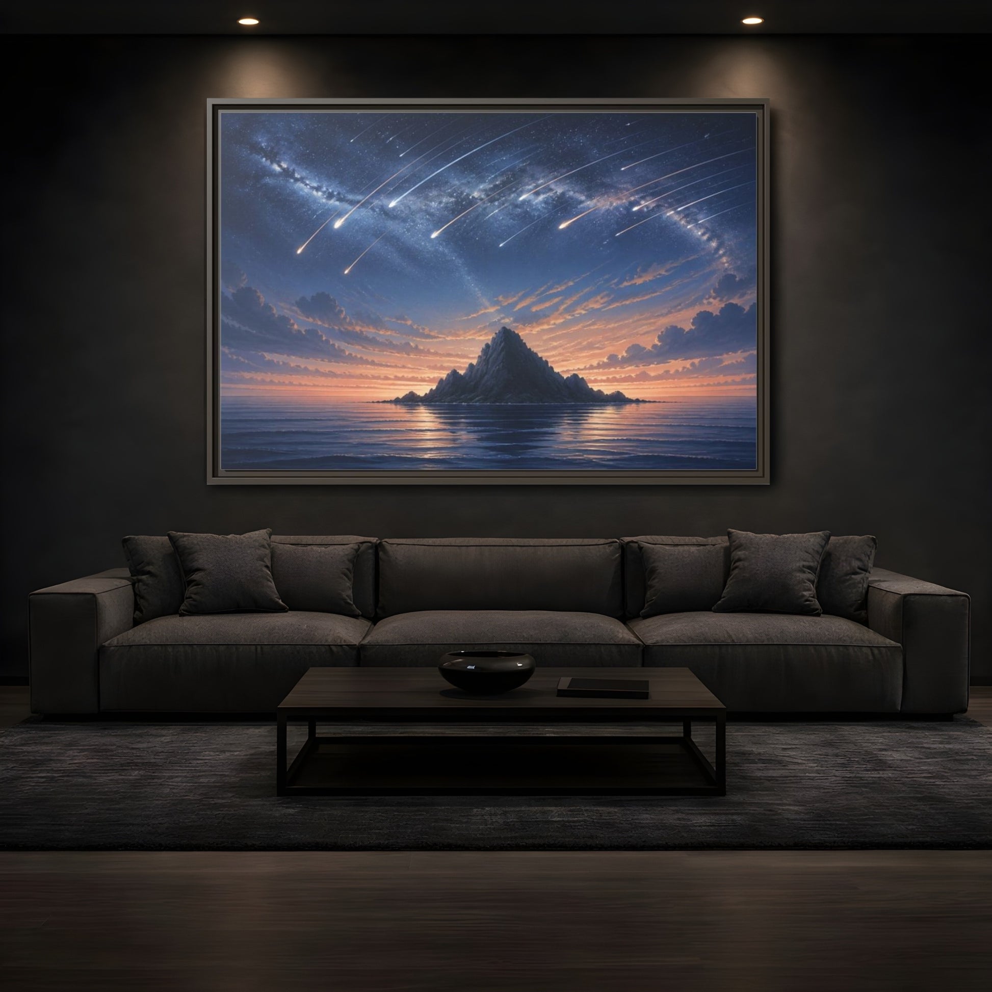 Mockup 3. Island Under Meteor Shower shown as framed canvas print