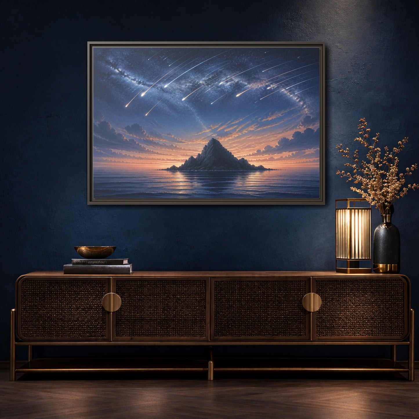 Mockup 4. Island Under Meteor Shower shown as framed canvas print