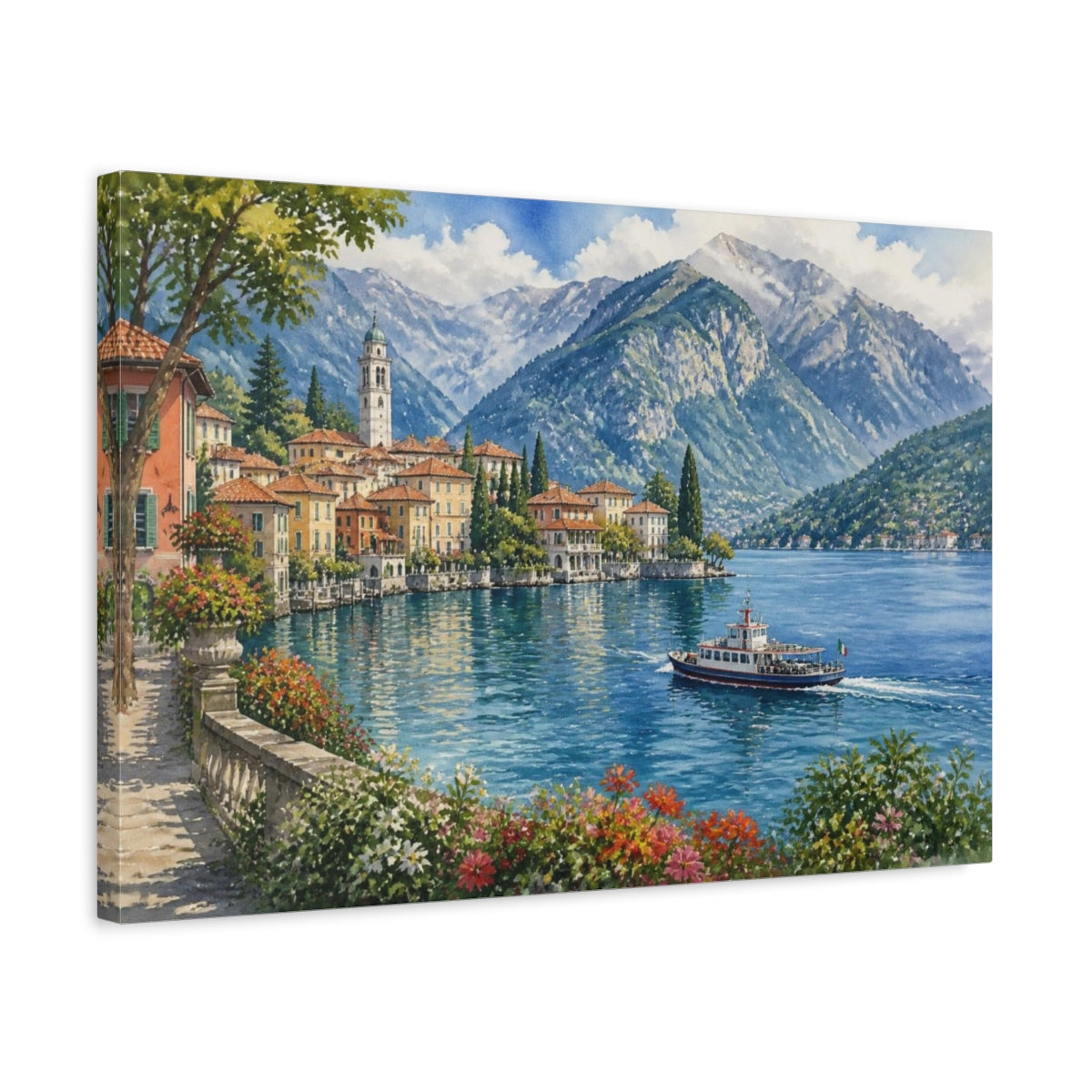 Side Mockup 3. Italian Lakeside Village shown as canvas print