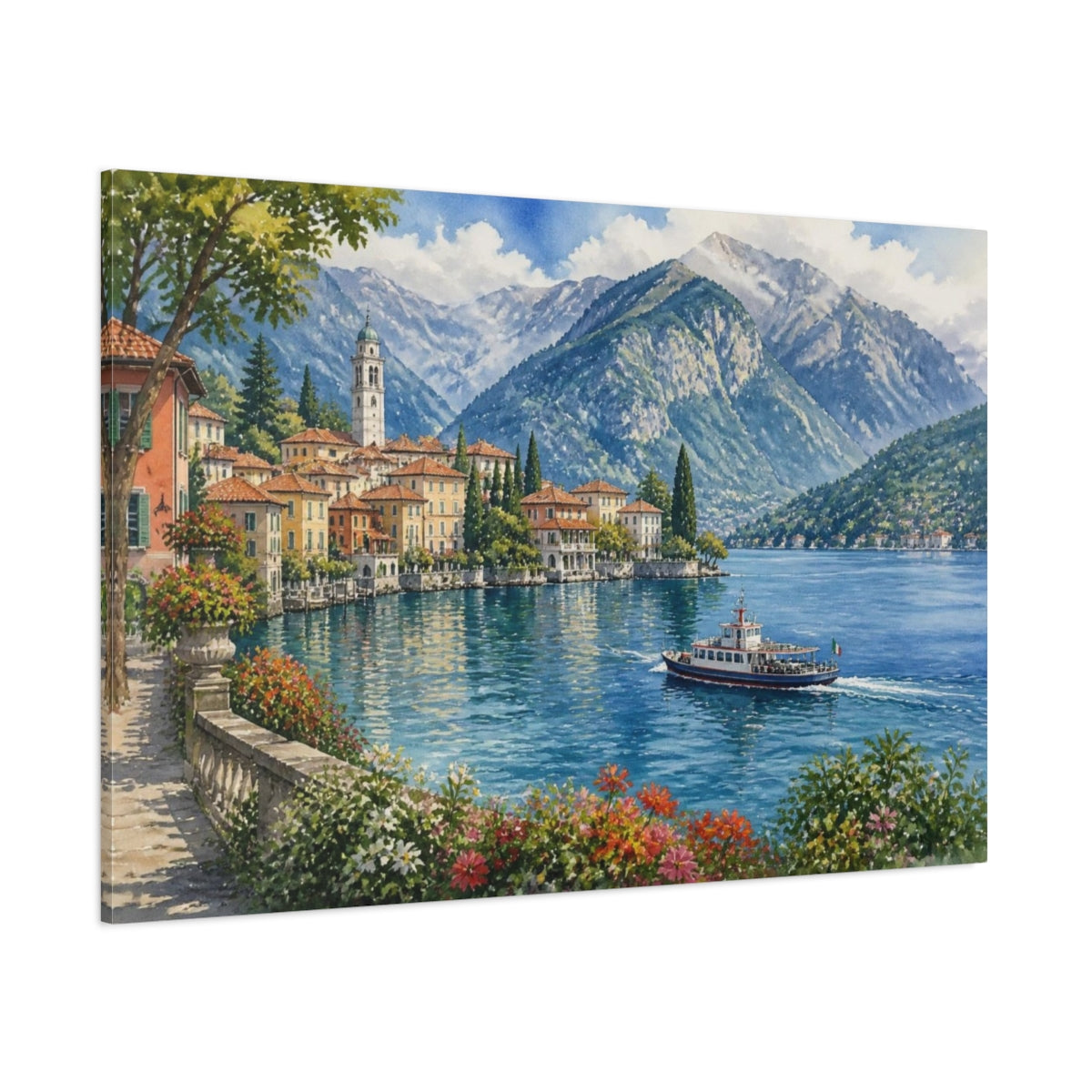 Side Mockup 1. Italian Lakeside Village shown as canvas print