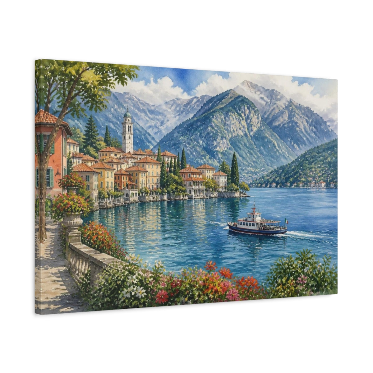 Side Mockup 2. Italian Lakeside Village shown as canvas print