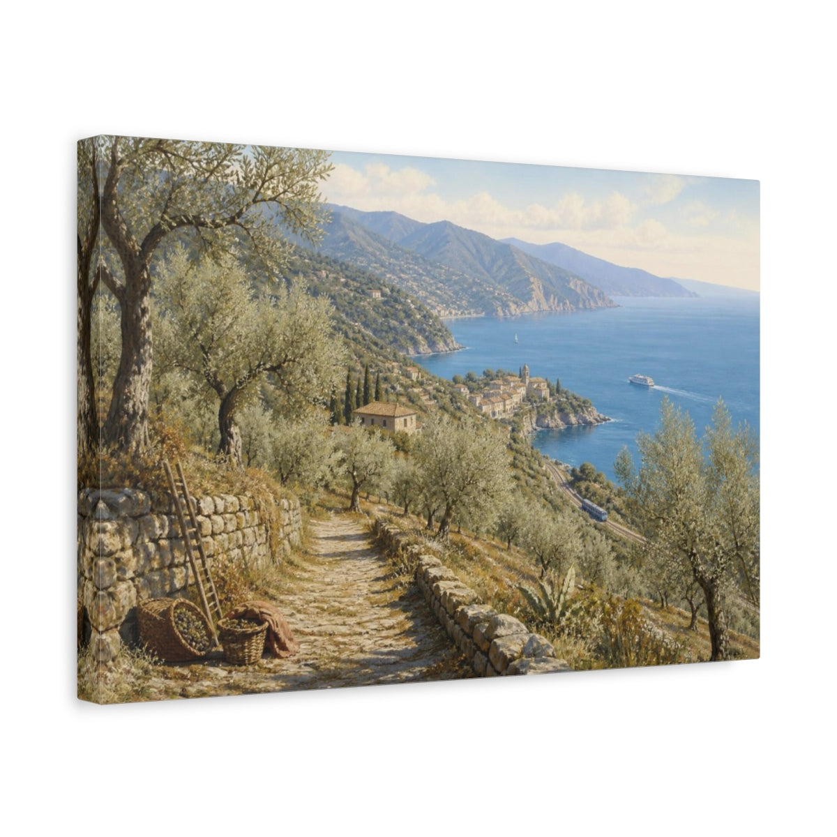 Side Mockup 4. Italian Olive Grove Coast shown as canvas print