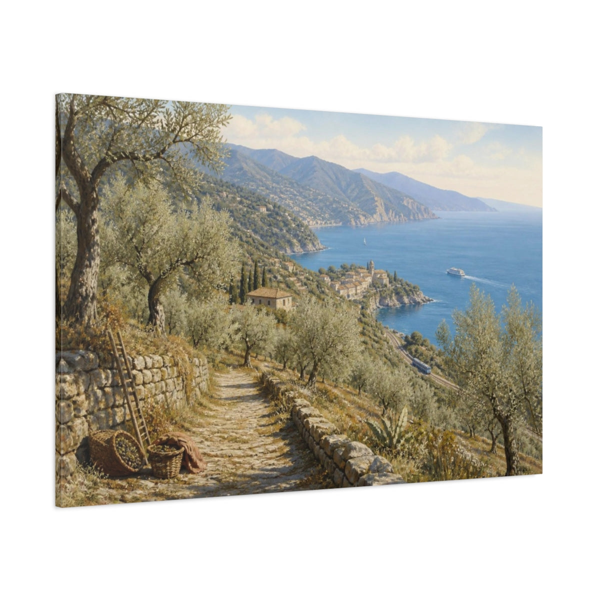 Side Mockup 1. Italian Olive Grove Coast shown as canvas print