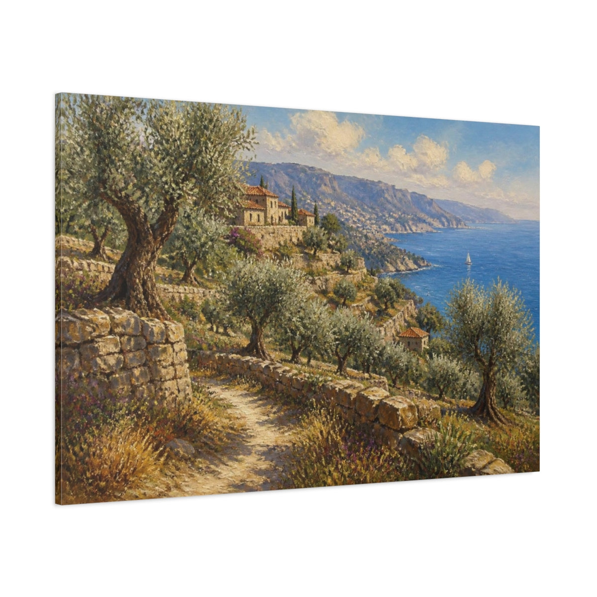 Side Mockup 1. Italian Olive Grove Coast shown as canvas print