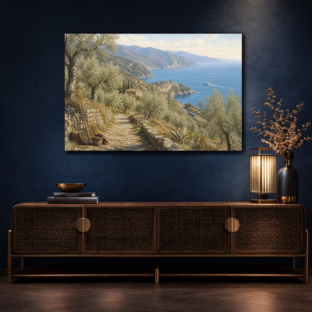 Mockup 4. Italian Olive Grove Coast shown as canvas print