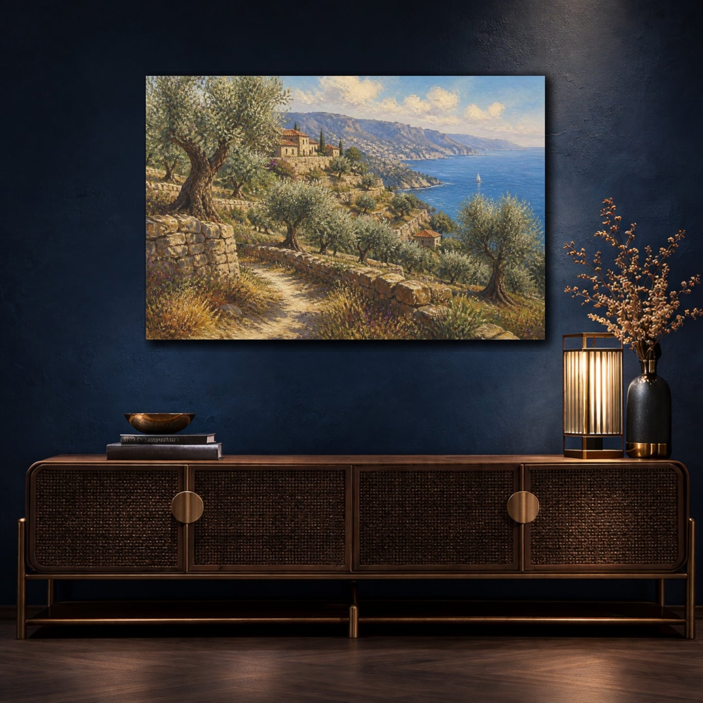 Mockup 4. Italian Olive Grove Coast shown as canvas print