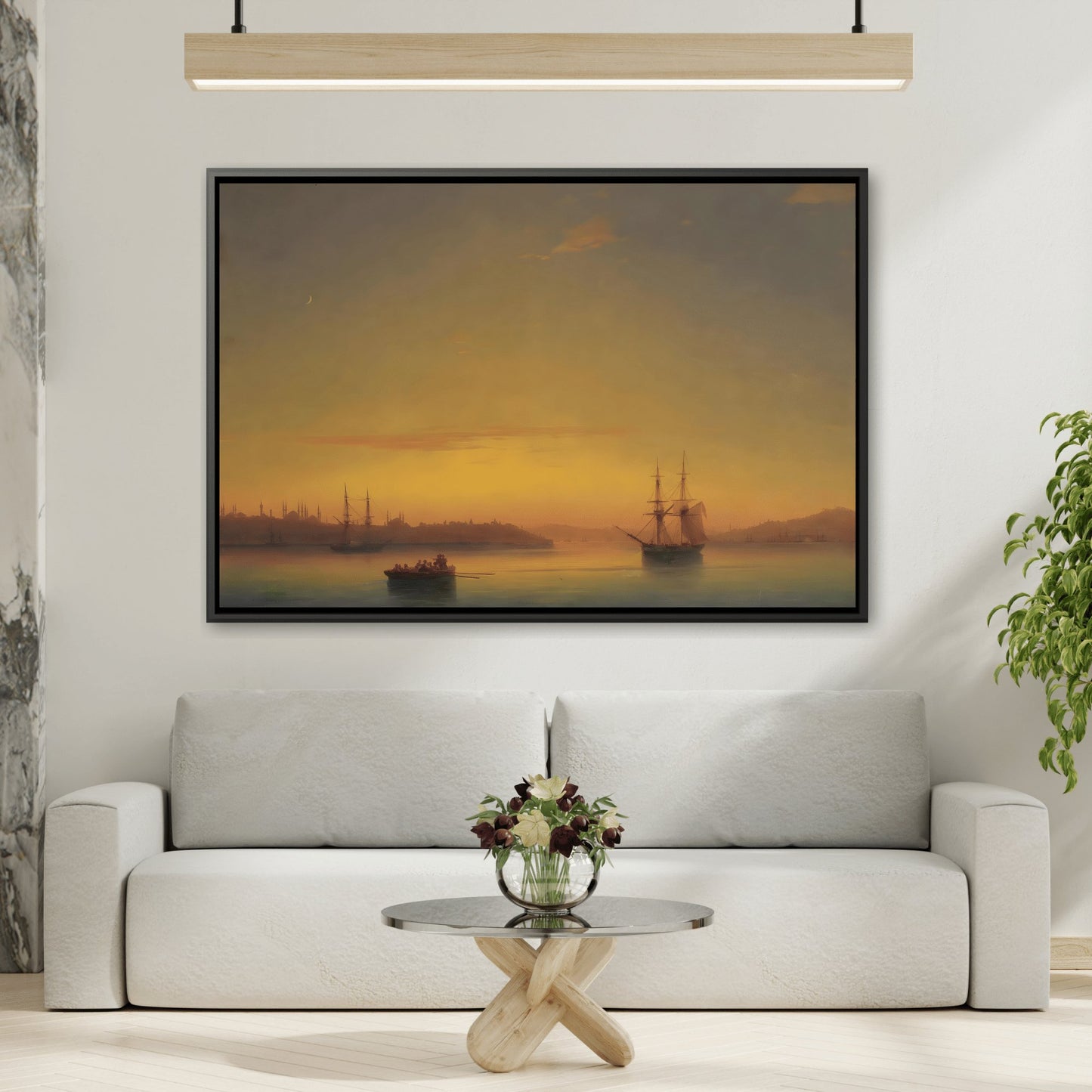 Ivan Aivazovsky Constantinople at Dawn Landscape - Framed Sunset Canvas Wall Art Print in Black Frame