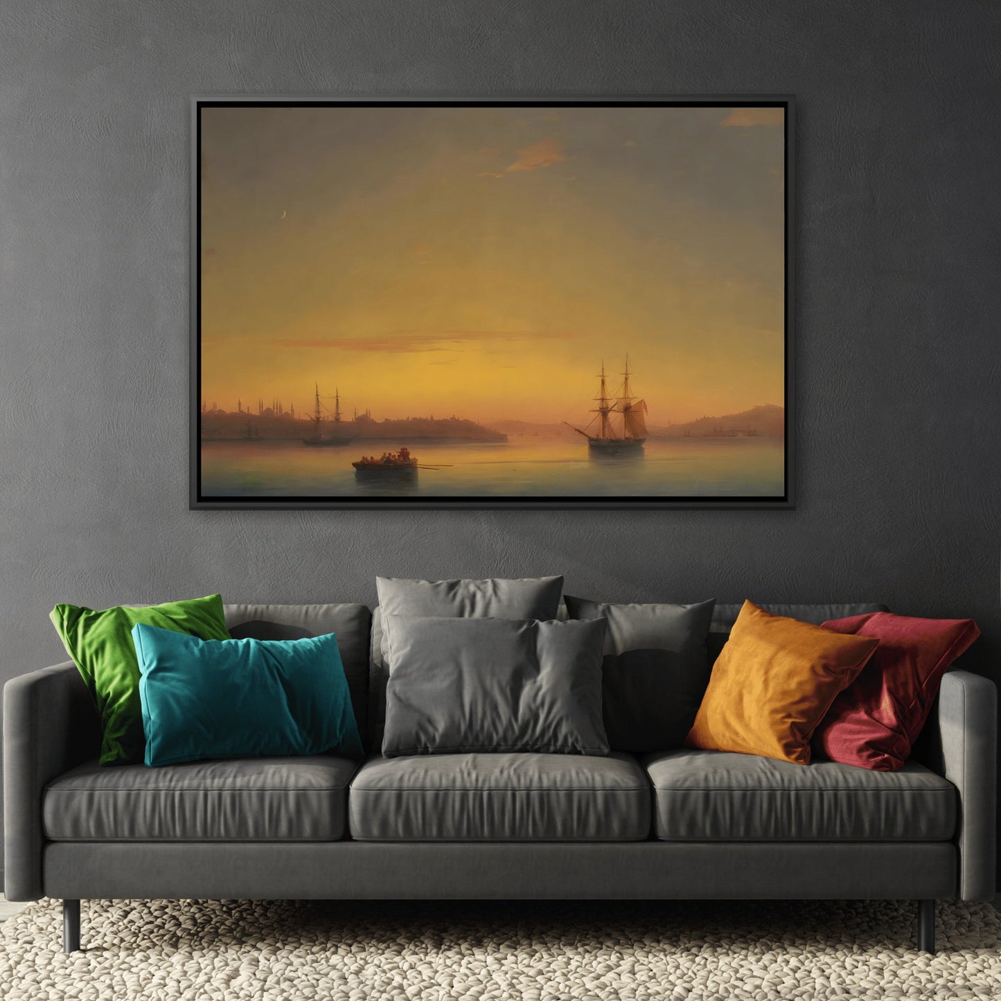 Ivan Aivazovsky Constantinople at Dawn Landscape - Framed Sunset Canvas Wall Art Print in Black Frame