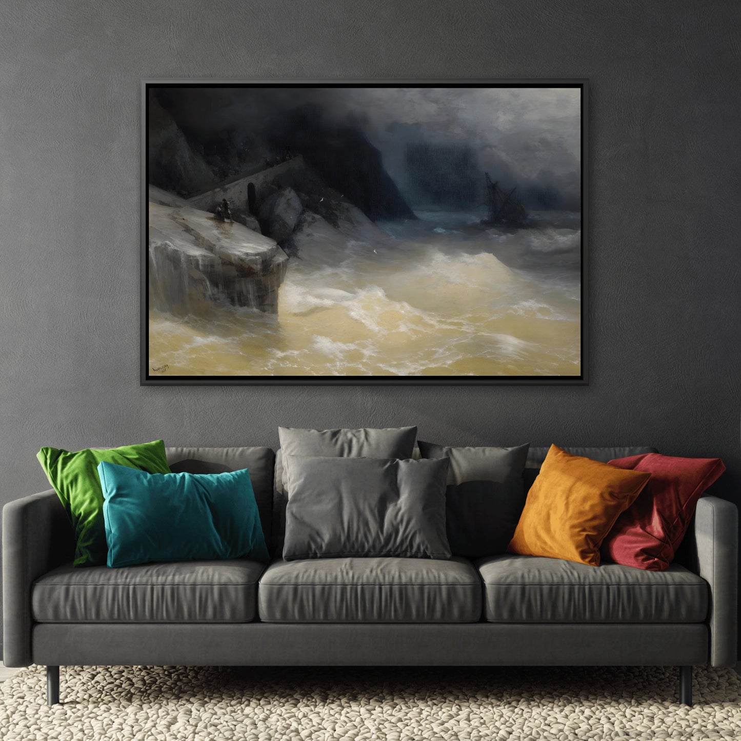 Ivan Aivazovsky Shipwreck off the Black Sea Coast Landscape - Framed Canvas Wall Art Print in Black Frame