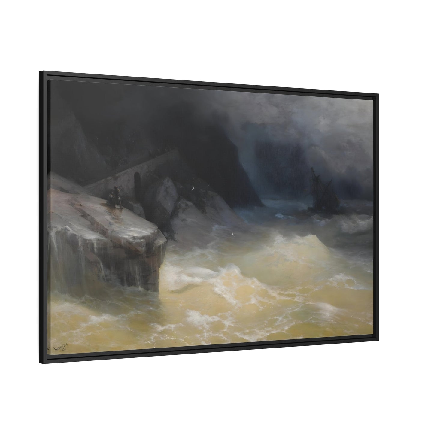 Ivan Aivazovsky Shipwreck off the Black Sea Coast Landscape - Framed Canvas Wall Art Print in Black Frame