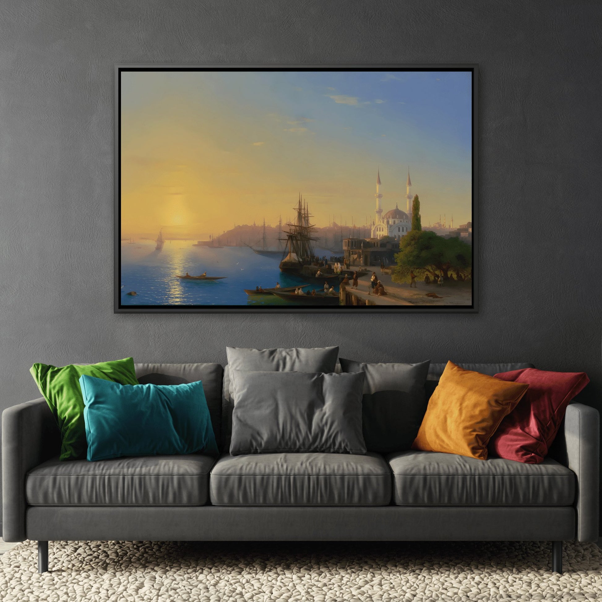 Ivan Aivazovsky View of Constantinople - Canvas Wall Art Print in Black Frame - Framed Russian Watercolor Sunset Landscape