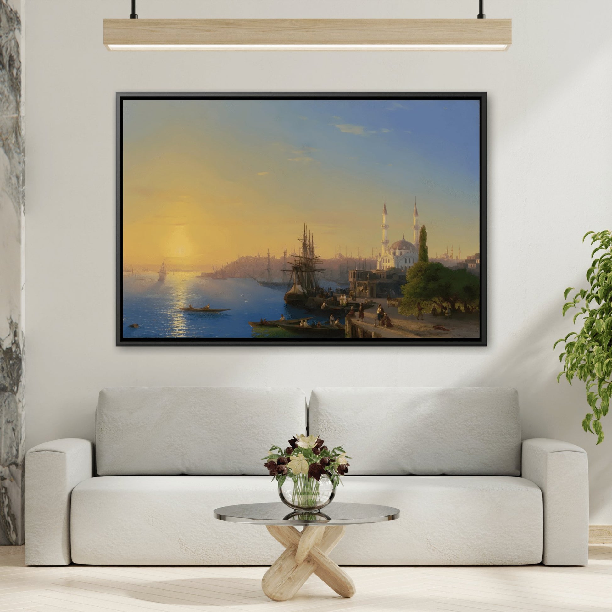 Ivan Aivazovsky View of Constantinople - Canvas Wall Art Print in Black Frame - Framed Russian Watercolor Sunset Landscape