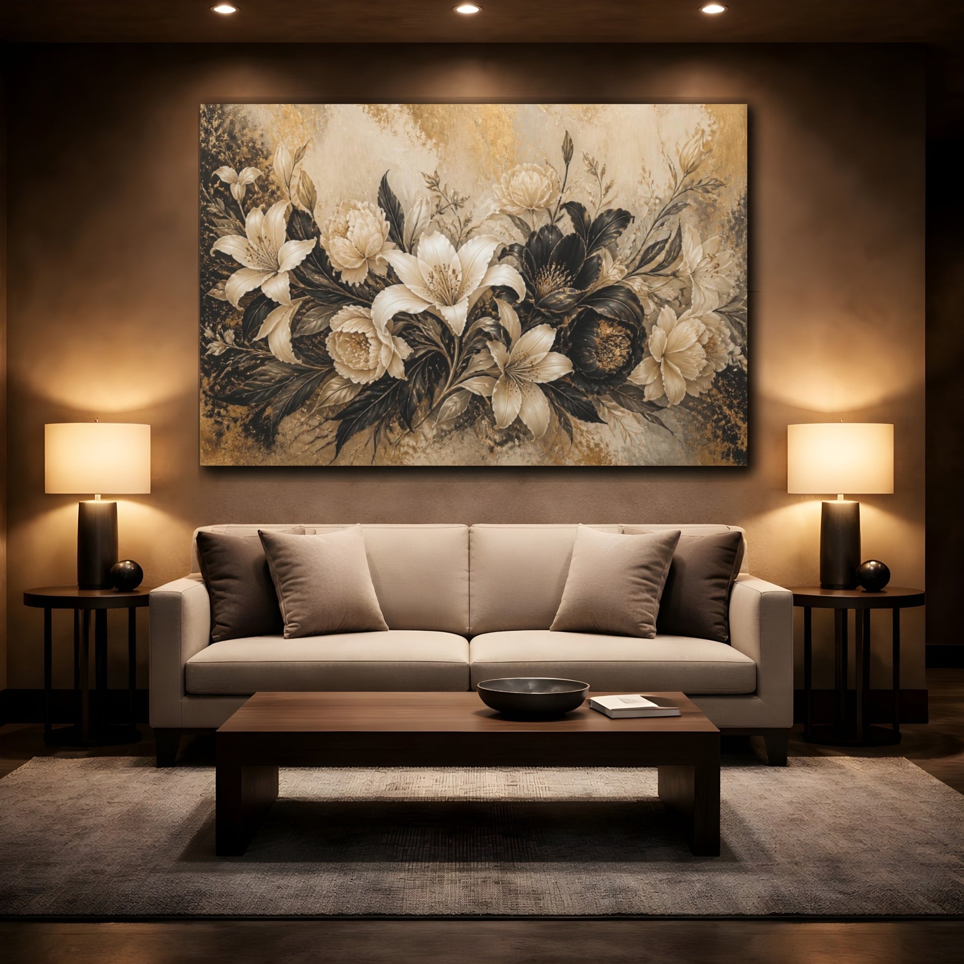 Mockup 2. Ivory & Gold Floral Elegance shown as canvas print