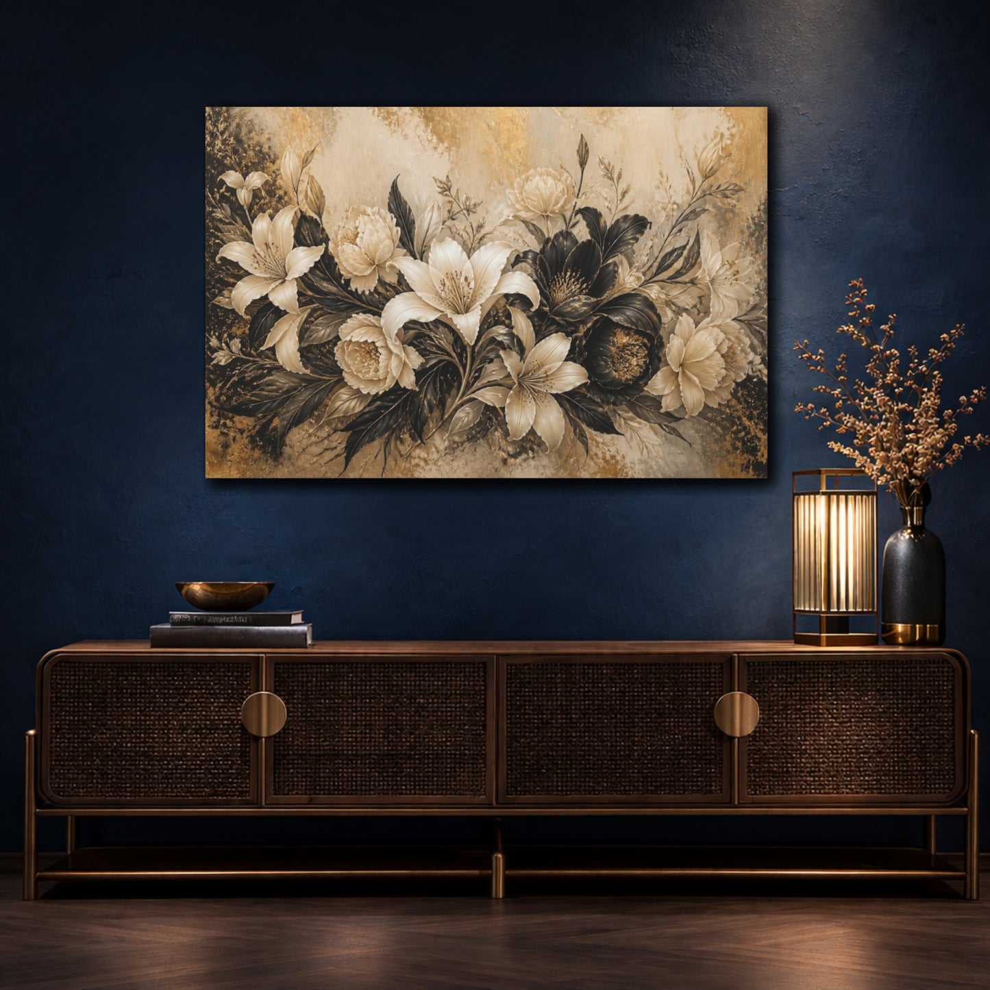 Mockup 4. Ivory & Gold Floral Elegance shown as canvas print