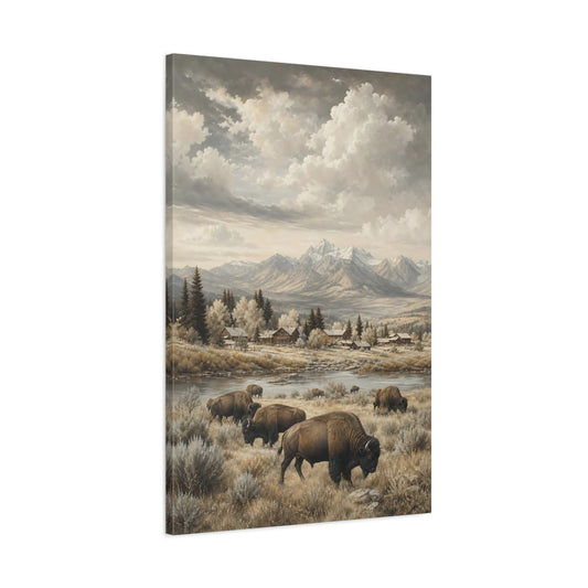 Main Mockup. Ivory And Charcoal Vintage Scenery Palette Bison Herd Under Vast Sky shown as stretched canvas wall art