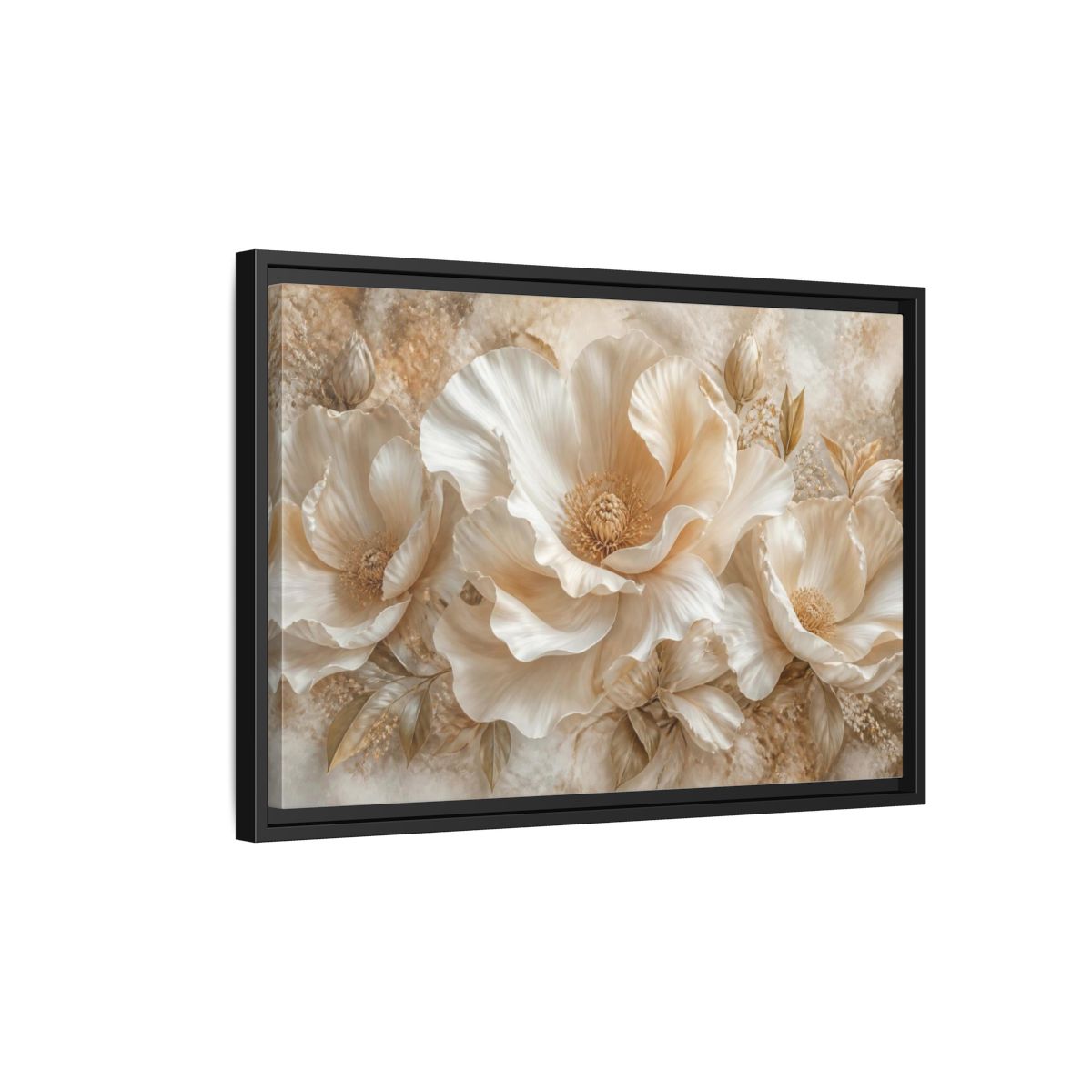 Side Mockup 3. Ivory Floral Bloom shown as framed canvas print