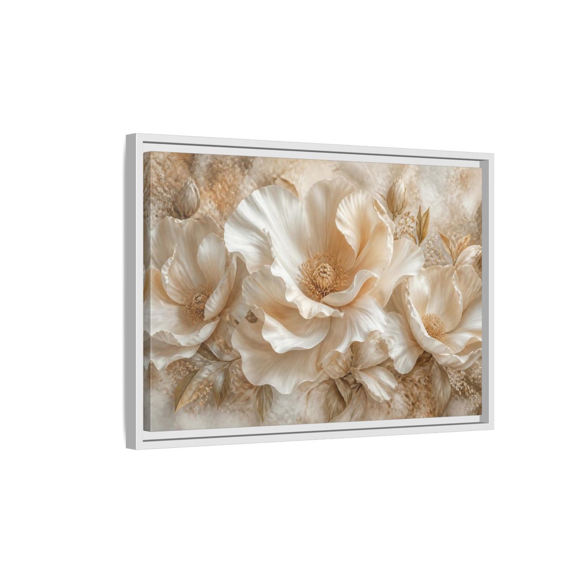Side Mockup 1. Ivory Floral Bloom shown as framed canvas print