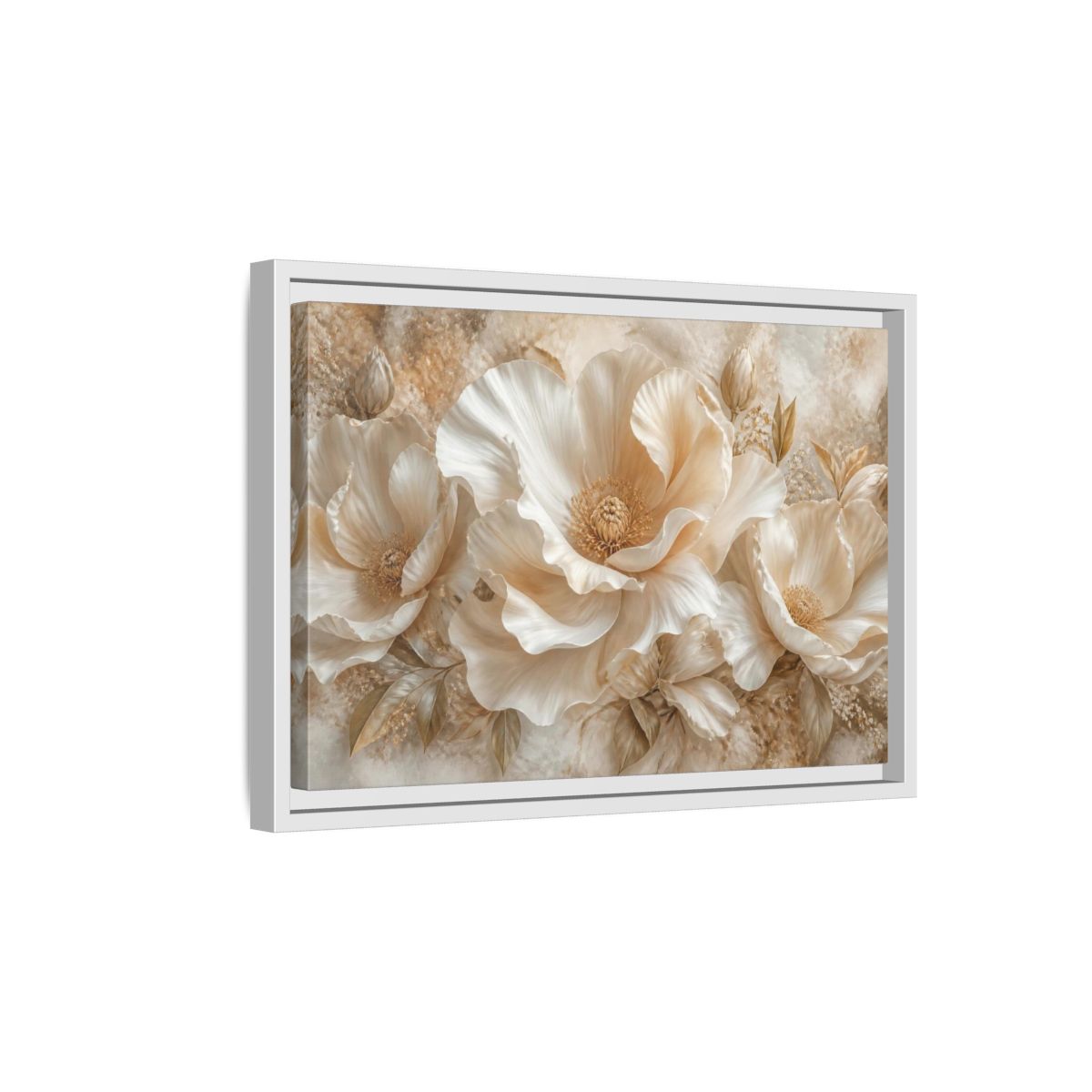 Side Mockup 4. Ivory Floral Bloom shown as framed canvas print
