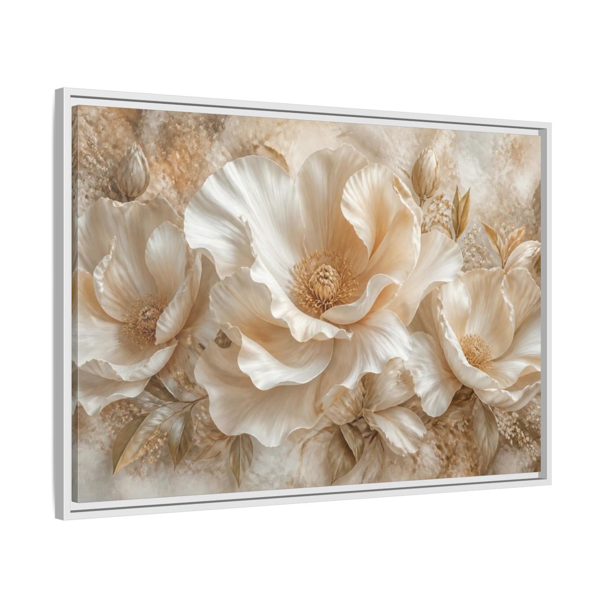 Side Mockup 9. Ivory Floral Bloom shown as framed canvas print