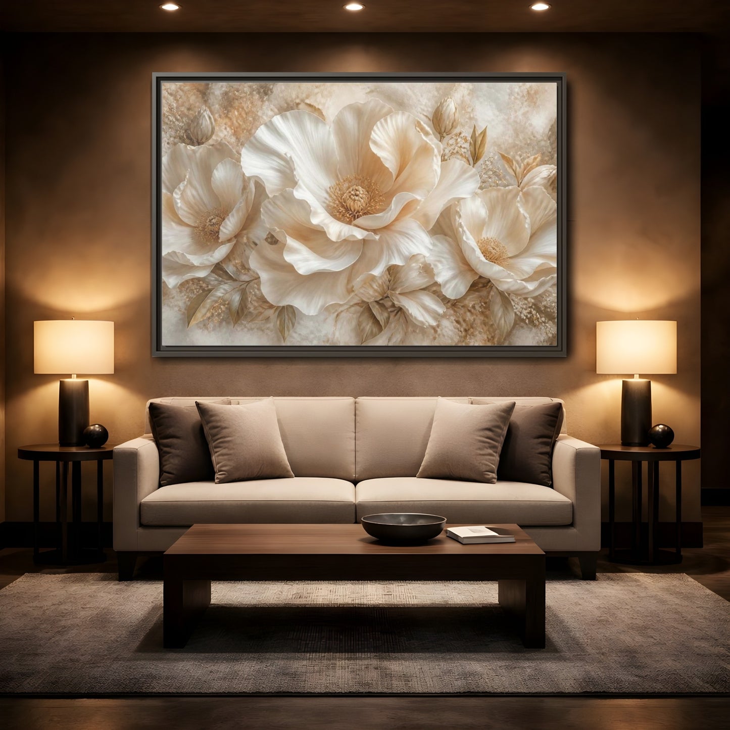 Mockup 2. Ivory Floral Bloom shown as framed canvas print