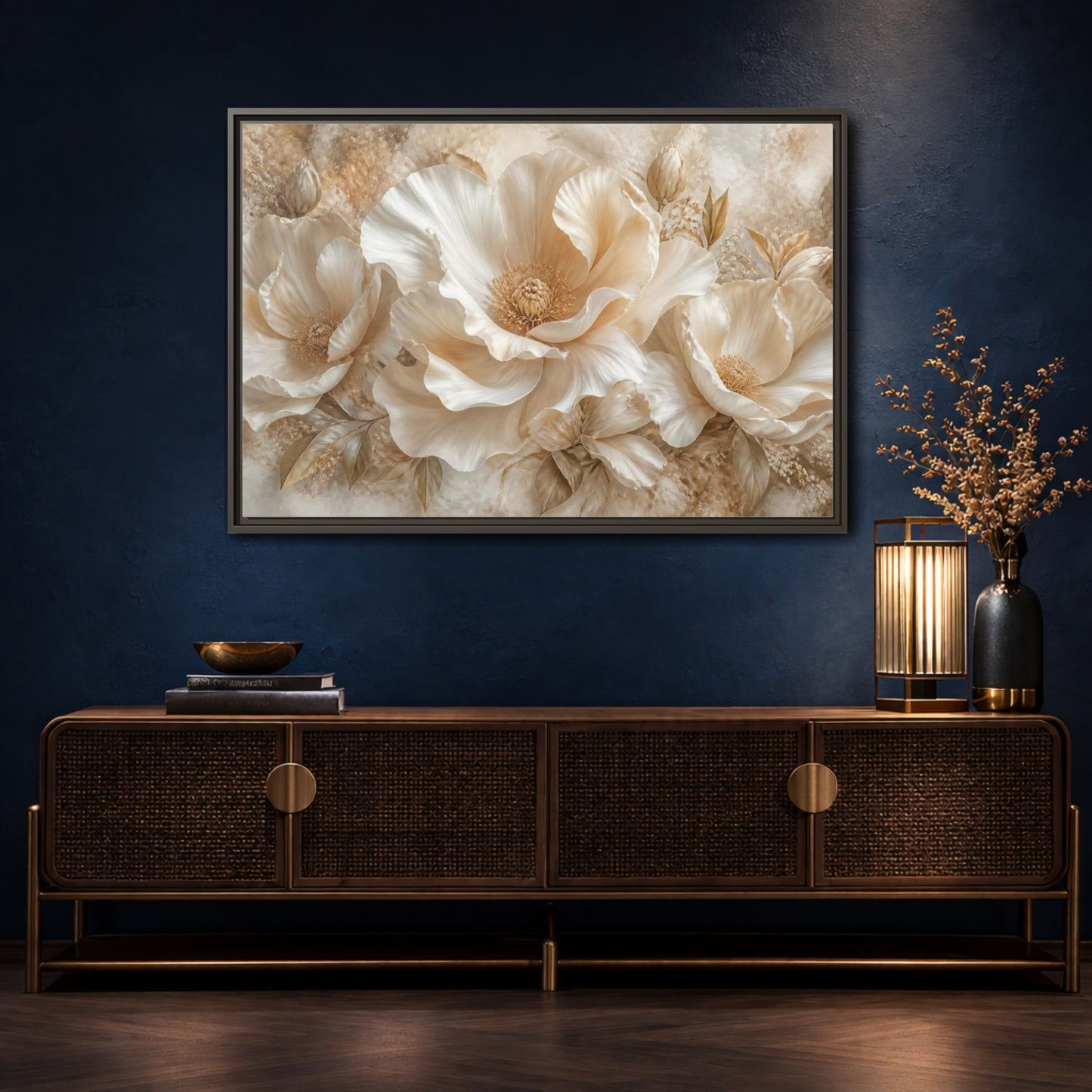 Mockup 4. Ivory Floral Bloom shown as framed canvas print