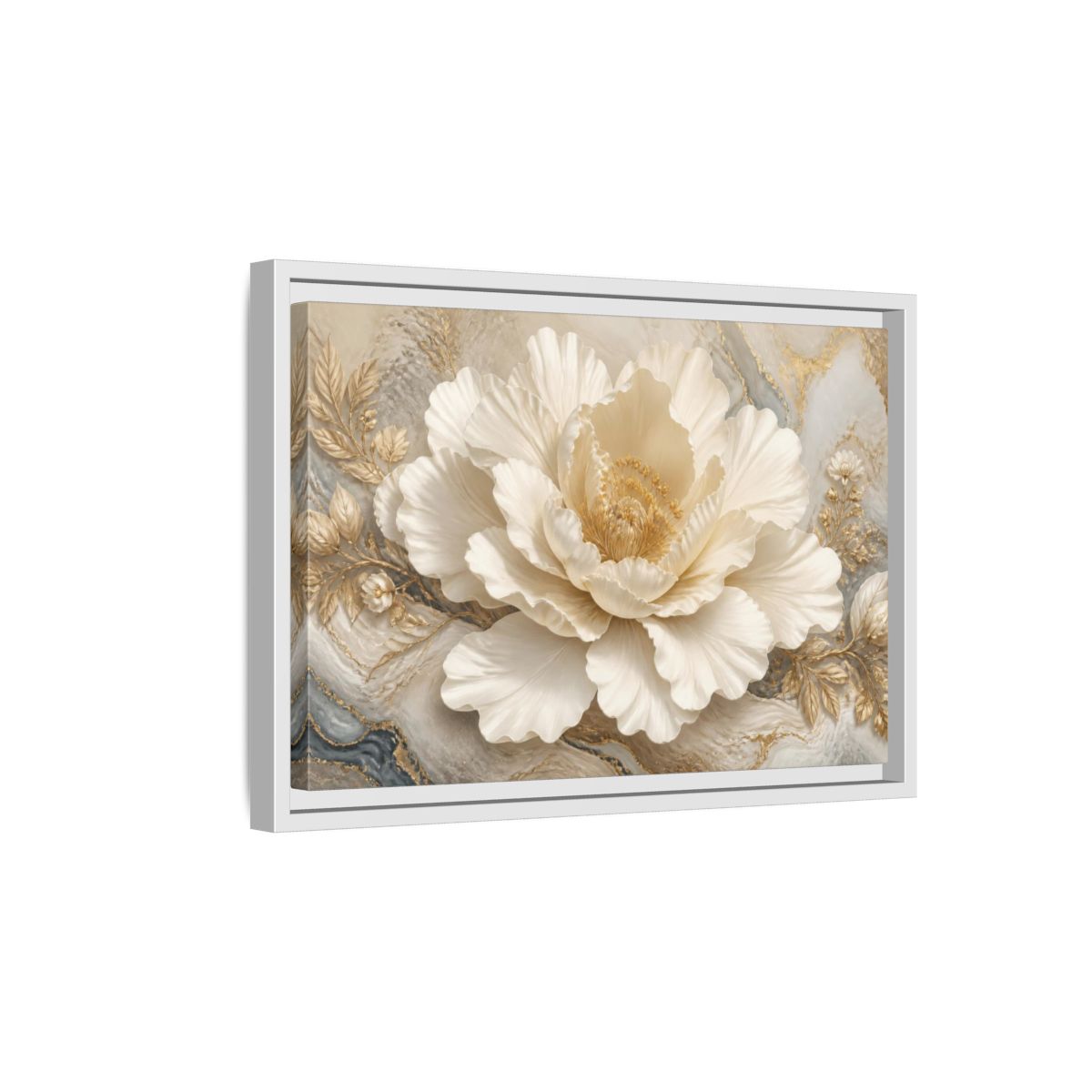 Side Mockup 4. Ivory Floral Peony Sculpture shown as framed canvas print